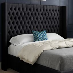 Casani Volta Straight Winged Upholstered Soft Velvet Bed Frame in Black - Size: Single - thumbnail 2
