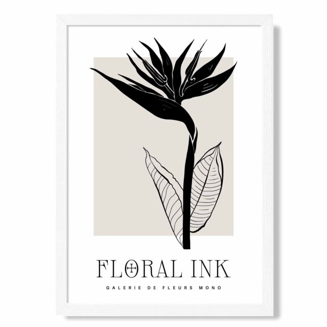 ARTZE Bird of Paradise Flower Floral Ink Sketch Framed Print SIZE: A4 with White Frame in Beige - image 1