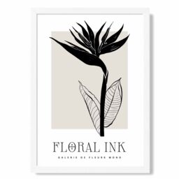 ARTZE Bird of Paradise Flower Floral Ink Sketch Framed Print SIZE: A4 with White Frame in Beige - thumbnail 1