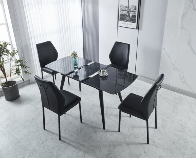 Modernique Sintere Stone Top Extending Table & 4 Faux Leather Chairs Dining Set in Black - image 1