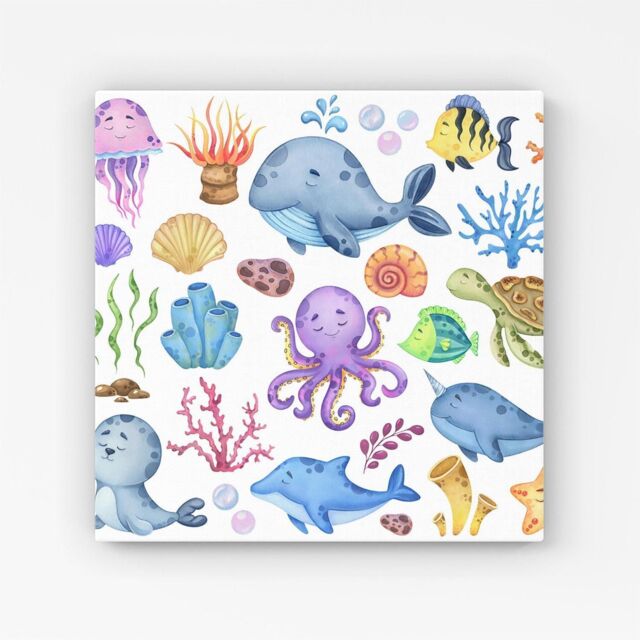 Warren Reed - Designer Children'S Sea Life Canvas in Blue - Size: w40 inch x h40 inch - image 1