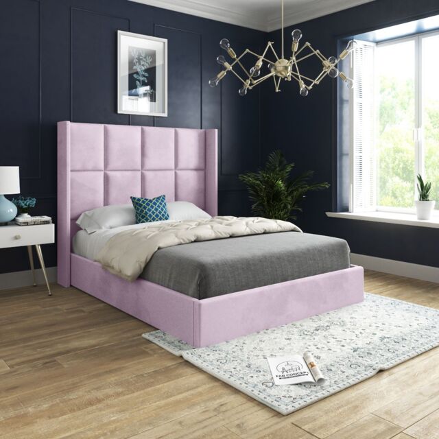 Casani Quanta Straight Winged Upholstered Soft Velvet Bed Frame in Pink - Size: Small Double - image 1