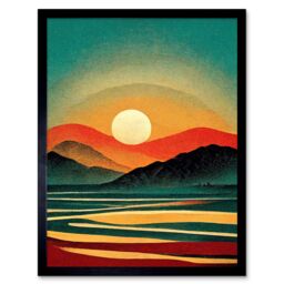"Artery8 Wall Art Print Retro California Sunset Colour Blocking Mid Century Boho Art Framed in Black - Size: W12"" x H16""" - thumbnail 1