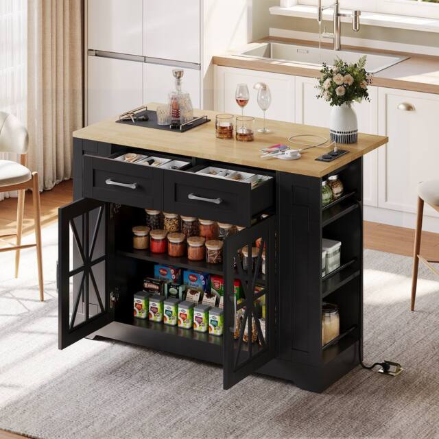 BTM Kitchen Island on Wheels Folding Tabletop Storage Cabinet USB in Black - image 1