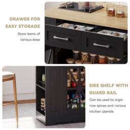 BTM Kitchen Island on Wheels Folding Tabletop Storage Cabinet USB in Black - thumbnail 4