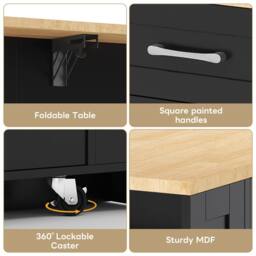 BTM Kitchen Island on Wheels Folding Tabletop Storage Cabinet USB in Black - thumbnail 2
