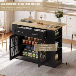 BTM Kitchen Island on Wheels Folding Tabletop Storage Cabinet USB in Black - thumbnail 5