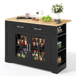 BTM Kitchen Island on Wheels Folding Tabletop Storage Cabinet USB in Black - thumbnail 7