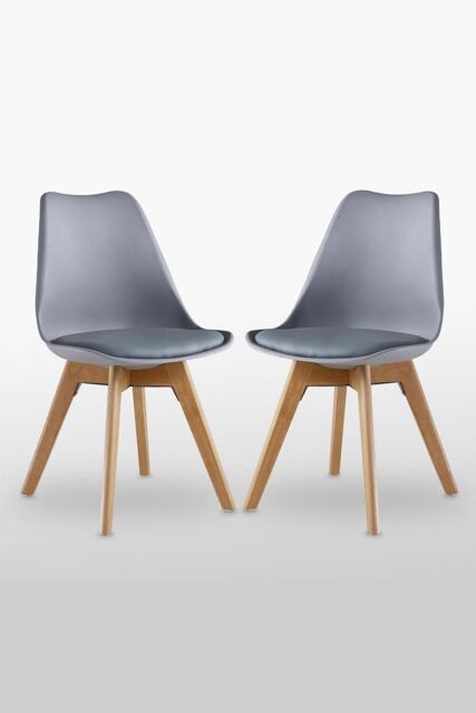 Life Interiors Set of 2 'Tulip Dining Chairs' Leather Padded Seat Solid Wood Legs in Grey - image 1