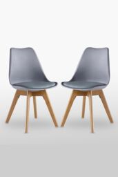 Life Interiors Set of 2 'Tulip Dining Chairs' Leather Padded Seat Solid Wood Legs in Grey - thumbnail 1