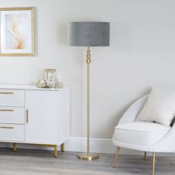 ValueLights Marissa Velvet Drum Shade with Brushed Gold Stacked Ball Floor Lamp in Grey - thumbnail 5