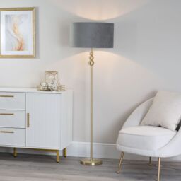 ValueLights Marissa Velvet Drum Shade with Brushed Gold Stacked Ball Floor Lamp in Grey - thumbnail 1