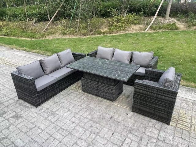 Fimous Wicker PE Garden Furniture Rattan Sofa Set Outdoor Adjustable Rising Lifting Dining Table Set 7 Seater in Dark Grey - image 1