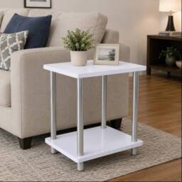 FORGEVIO White Gloss 2 Tier Side Coffee End Table Storage Shelf Bedroom - thumbnail 1