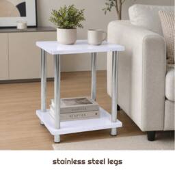 FORGEVIO White Gloss 2 Tier Side Coffee End Table Storage Shelf Bedroom - thumbnail 4