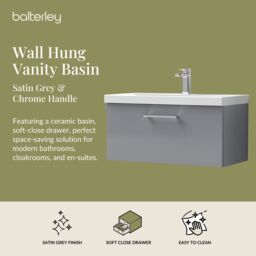 Balterley Bathroom Wall Hung 2 Soft Close Drawer Vanity Unit, Satin Green, 610mm in Grey - thumbnail 2