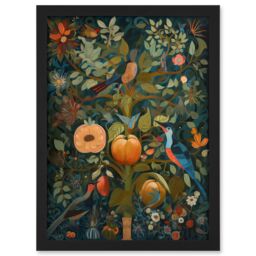 Artery8 Birds on Blooming Peach Tree in Modern Folk Art Artwork Framed Wall Art Print A4 in Black - thumbnail 1