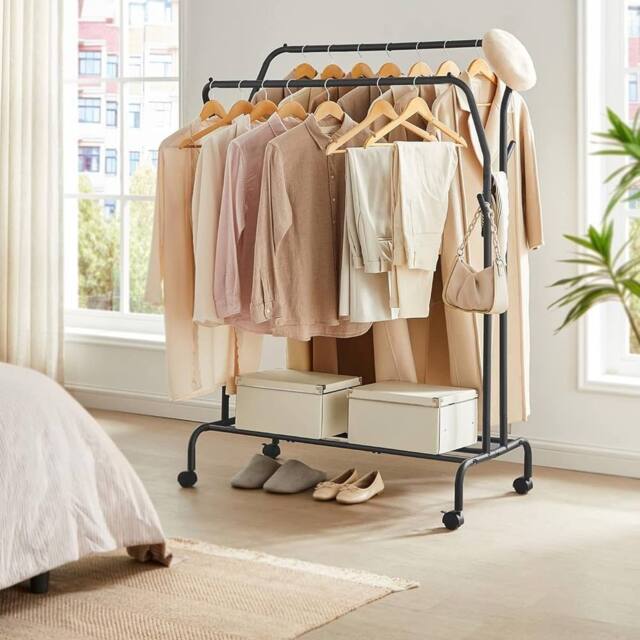 SONGMICS Heavy Duty Double Clothes Rail with Shelf & Wheels in Black - image 1