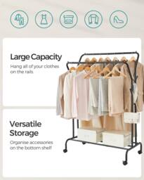 SONGMICS Heavy Duty Double Clothes Rail with Shelf & Wheels in Black - thumbnail 3