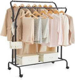 SONGMICS Heavy Duty Double Clothes Rail with Shelf & Wheels in Black - thumbnail 7