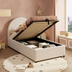 BTM 3FT Easy-Assembly Velvet Bed, 90x190cm, with Headboard in Beige - Size: 90x190 cm - thumbnail 1