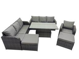 Fimous Rattan Garden Furniture Dining Set 9-seater with 2 Big Footstool in Dark Grey - thumbnail 1