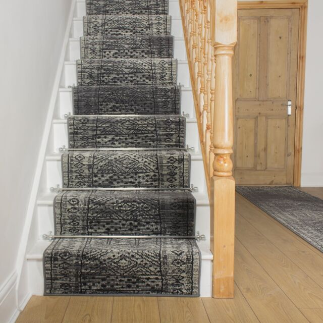 runrug Black Afrikans Stair Carpet Runner in Grey - Size: 60 cm x 450 cm - image 1