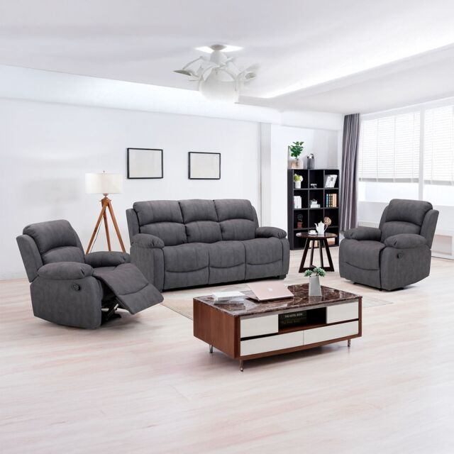 Furnishings For Less UK Alaska Grey Suede Fabric 3 Piece Sofa Suite Manual Reclining Armchairs + Static 3 Seater Seater Sofa High Back - image 1