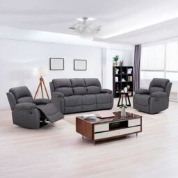 Furnishings For Less UK Alaska Grey Suede Fabric 3 Piece Sofa Suite Manual Reclining Armchairs + Static 3 Seater Seater Sofa High Back - thumbnail 1