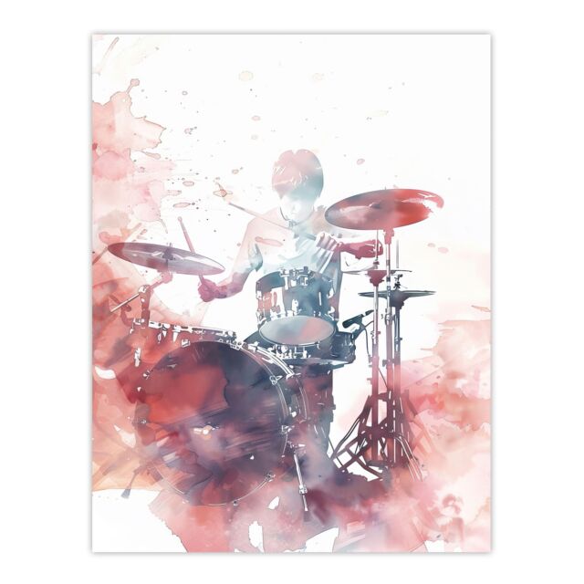 "Artery8 Drummer Playing Drums Set Modern Watercolour Red Wall Art Print - Size: W24"" x H32""" - image 1