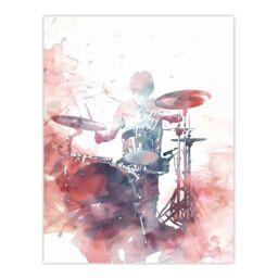 "Artery8 Drummer Playing Drums Set Modern Watercolour Red Wall Art Print - Size: W24"" x H32""" - thumbnail 1