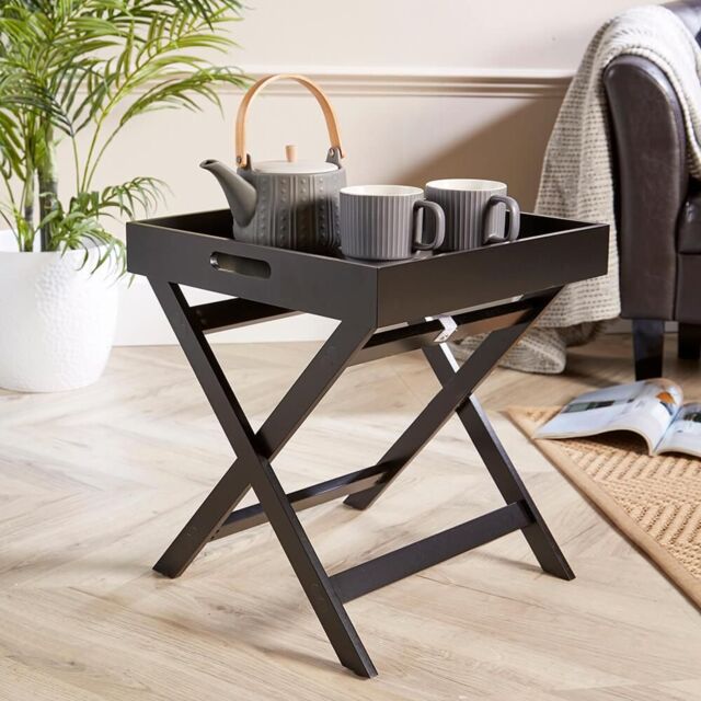 Home Source Folding Butlers Side Table Portable Wood Food Serving Tray Drink Tea in Black - image 1