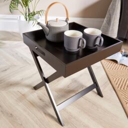 Home Source Folding Butlers Side Table Portable Wood Food Serving Tray Drink Tea in Black - thumbnail 6