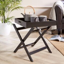 Home Source Folding Butlers Side Table Portable Wood Food Serving Tray Drink Tea in Black - thumbnail 2
