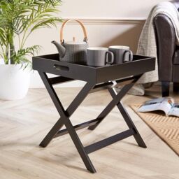Home Source Folding Butlers Side Table Portable Wood Food Serving Tray Drink Tea in Black - thumbnail 1