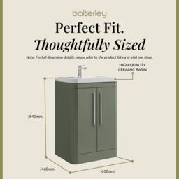 Balterley Contemporary Floor Standing 2 Door Bathroom Vanity Unit, Green, 610mm in Green - thumbnail 5