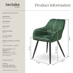 tectake Dining Chair Marilyn Set Of 2 - Dark Green / Black - Size: 2 Pack - thumbnail 6