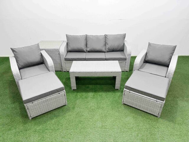 Fimous PE Rattan Garden Furniture Set Reclining Chair Sofa Lounge Sofa Set Rectangular Coffee Table Side Table 2 Big Footstool Light Grey - image 1
