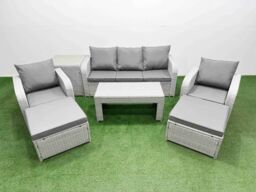 Fimous PE Rattan Garden Furniture Set Reclining Chair Sofa Lounge Sofa Set Rectangular Coffee Table Side Table 2 Big Footstool Light Grey - thumbnail 2