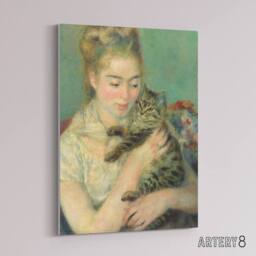 "Artery8 Woman with a Cat Renoir Vintage Canvas Wall Art in Green - Size: W18"" x H24""" - thumbnail 2