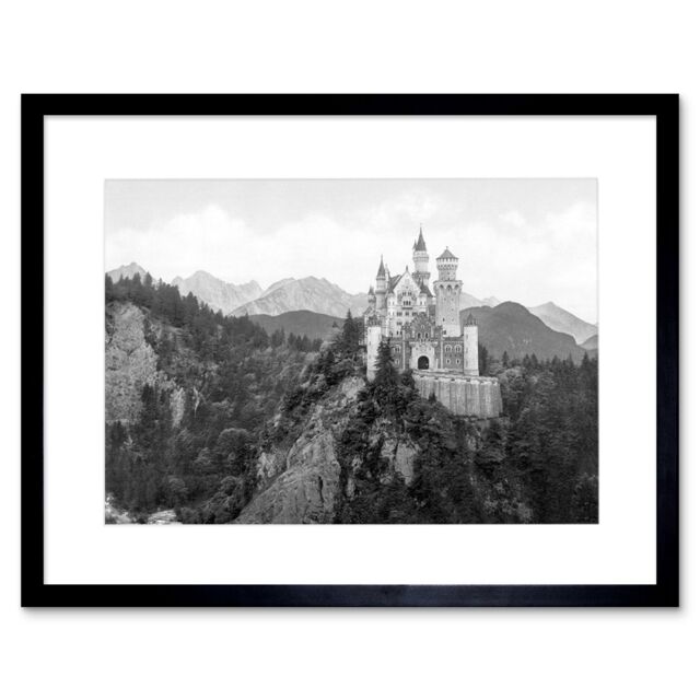 Artery8 Neuschwanstein Castle Bavaria Germany Vintage Black & White Mountain Landscape Photo Artwork Framed Wall Art Print 12X16 Inch - image 1