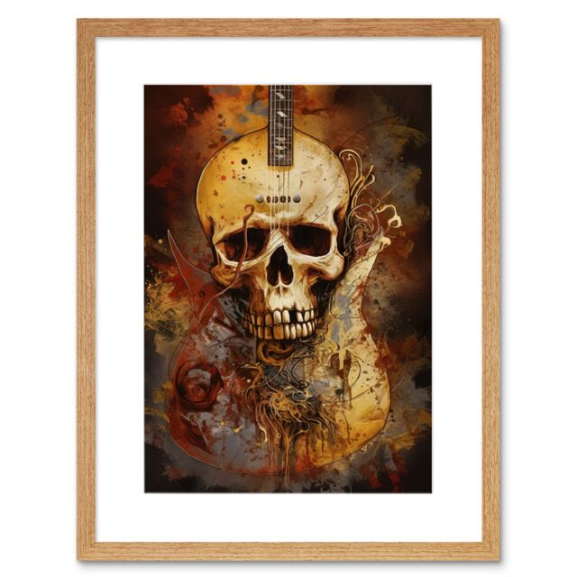 "Artery8 Wall Art Print Skull Electric Guitar Death Metal Music Modern Concept Art Painting Artwork Framed 9X7 Inch in Beige - Size: W7"" x H9""" - image 1