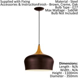 Loops Pendant Ceiling Light Brown with Cream Inner Coloured Steel Bulb E27 1x60W in Metallics - thumbnail 2