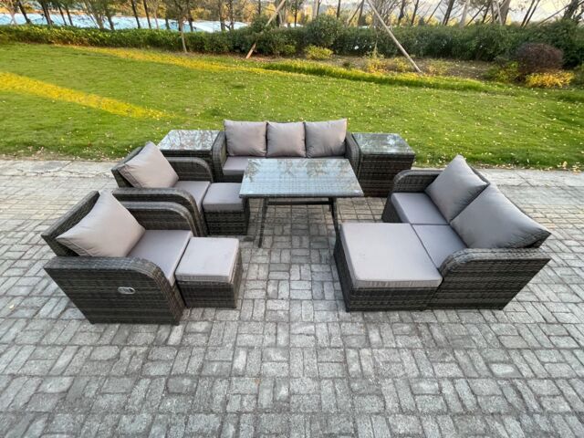 Fimous Outdoor Rattan Garden Furniture Set 10 Seater Patio Lounge Sofa Set with Dining Table 3 Footstools 2 Side Tables in Dark Grey - image 1