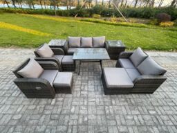 Fimous Outdoor Rattan Garden Furniture Set 10 Seater Patio Lounge Sofa Set with Dining Table 3 Footstools 2 Side Tables in Dark Grey - thumbnail 1