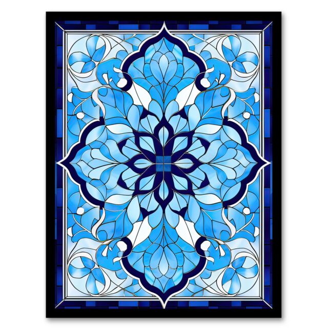 Artery8 Wall Art Print Islamic Vegetal Pattern Blue & White Stained Glass Inspired Geometric Floral Design Artwork Framed - Size: A4 - image 1