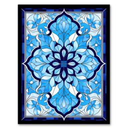 Artery8 Wall Art Print Islamic Vegetal Pattern Blue & White Stained Glass Inspired Geometric Floral Design Artwork Framed - Size: A4 - thumbnail 1