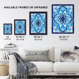 Artery8 Wall Art Print Islamic Vegetal Pattern Blue & White Stained Glass Inspired Geometric Floral Design Artwork Framed - Size: A4 - thumbnail 3