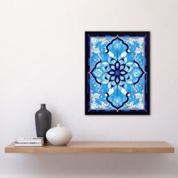Artery8 Wall Art Print Islamic Vegetal Pattern Blue & White Stained Glass Inspired Geometric Floral Design Artwork Framed - Size: A4 - thumbnail 4
