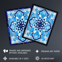Artery8 Wall Art Print Islamic Vegetal Pattern Blue & White Stained Glass Inspired Geometric Floral Design Artwork Framed - Size: A4 - thumbnail 2